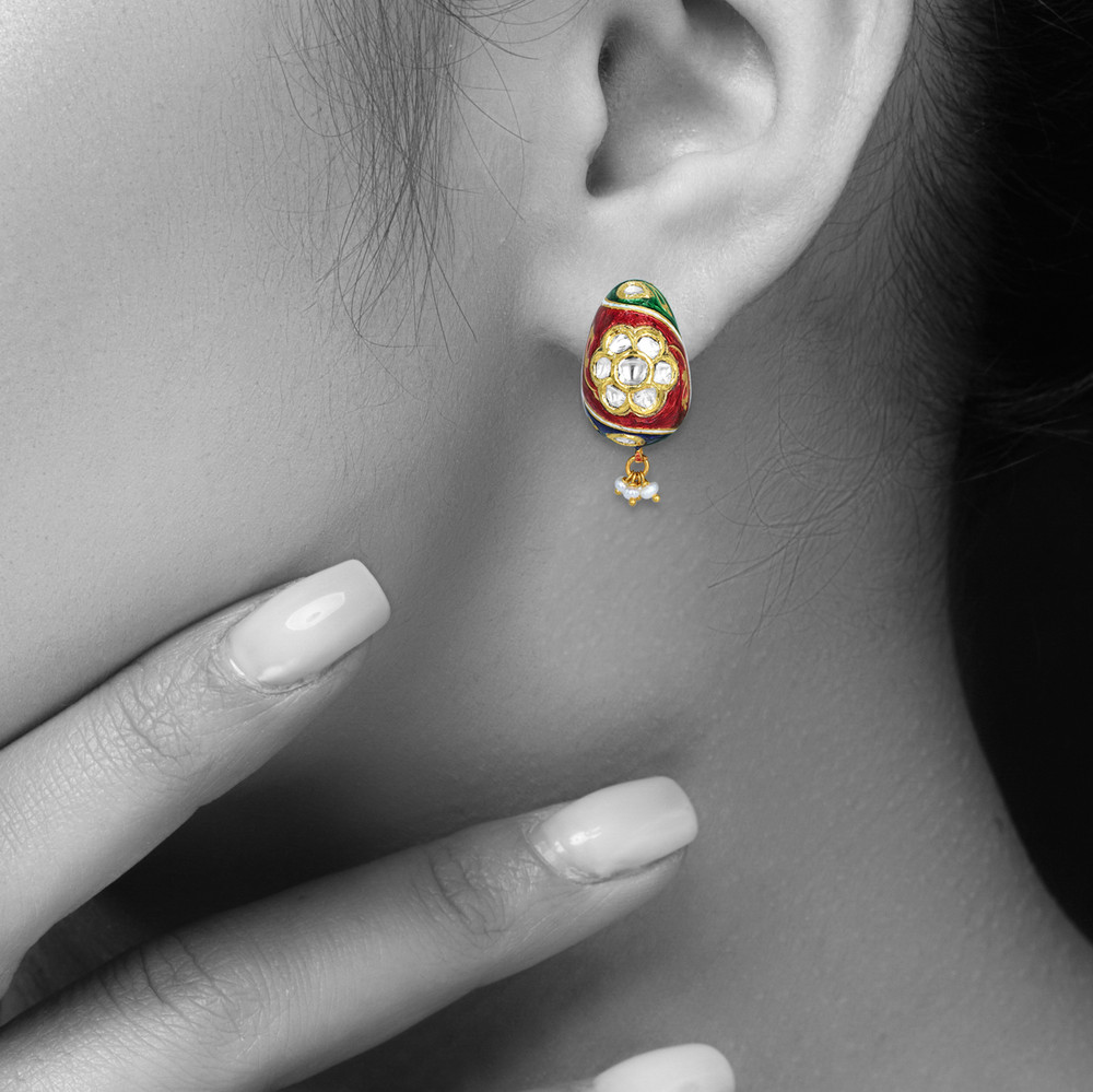 Enamel Hasli Necklace Set with Floral Motifs and Pearls