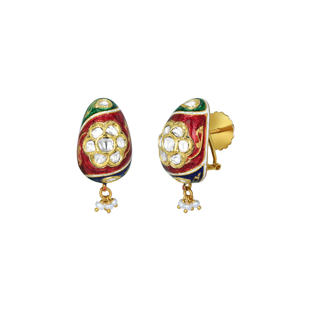 Enamel Hasli Necklace Set with Floral Motifs and Pearls