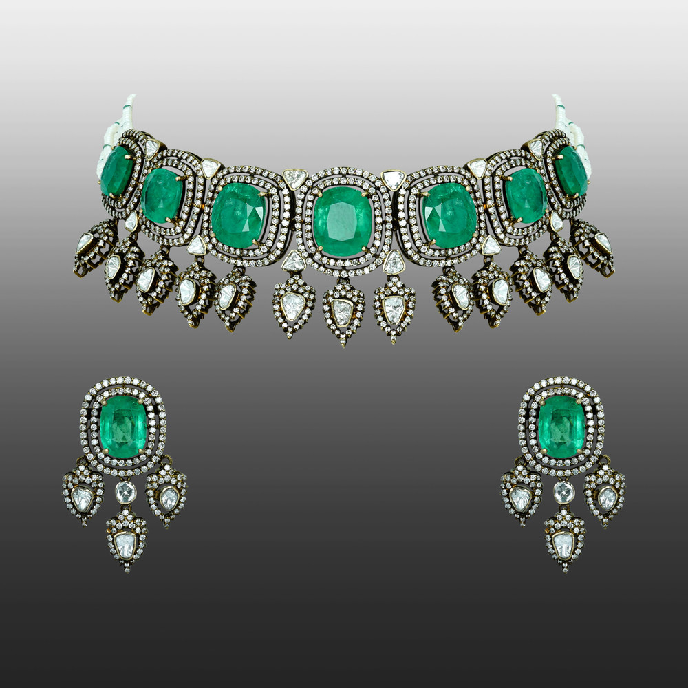 Antique Emerald Necklace Set with Diamond Halos and Teardrops