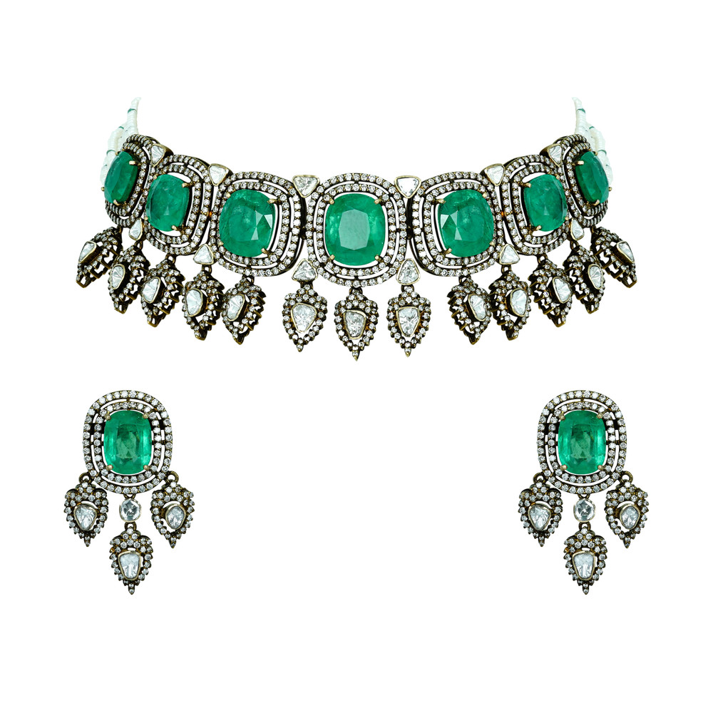 Antique Emerald Necklace Set with Diamond Halos and Teardrops