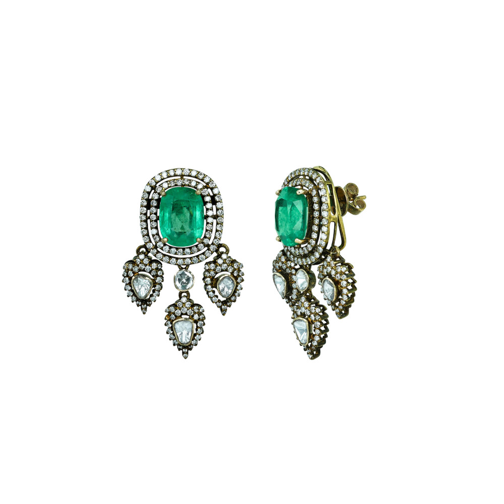 Antique Emerald Necklace Set with Diamond Halos and Teardrops