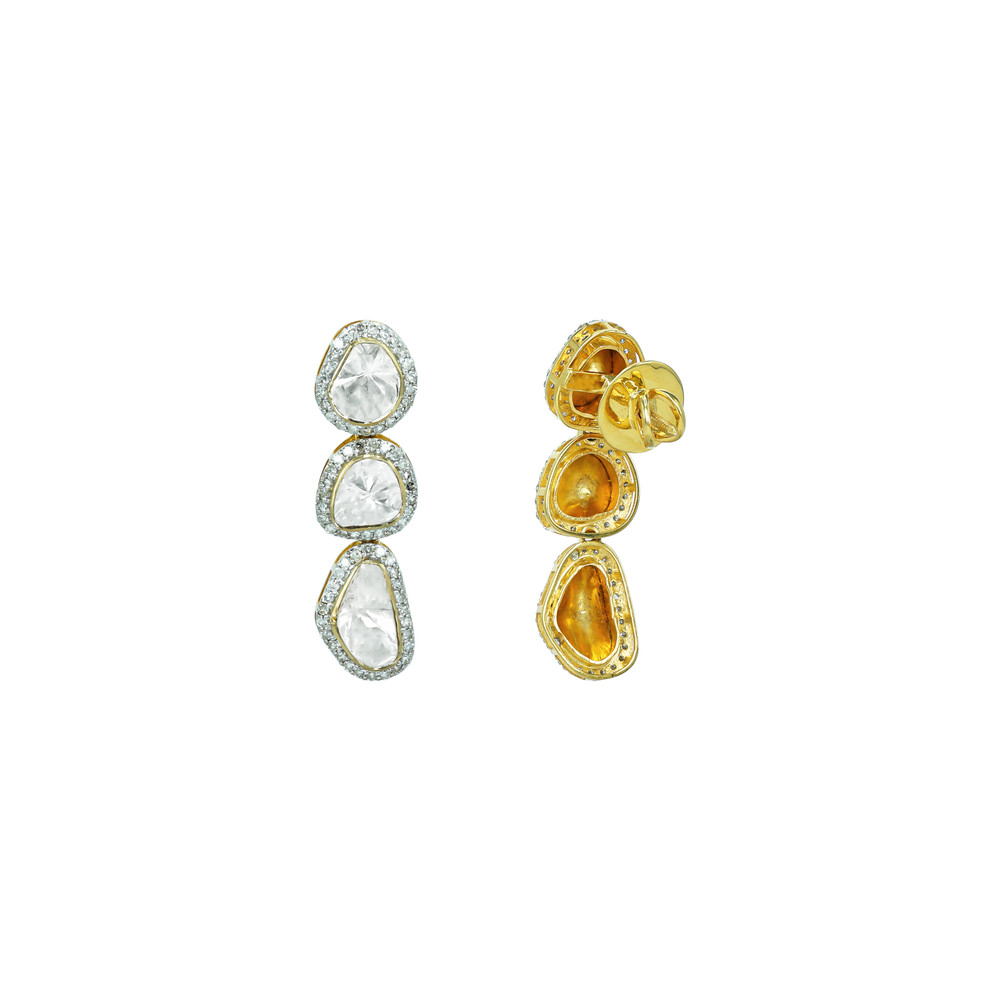 Triple Polki Diamond Drop Earrings with Sparkling Halos