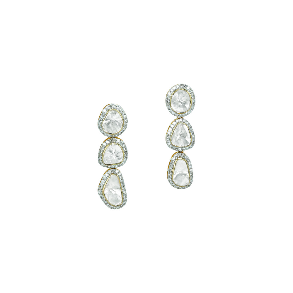 Triple Polki Diamond Drop Earrings with Sparkling Halos