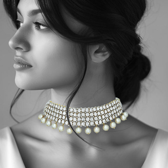 Polki Diamond Choker with Multi-Row Design and Pearl Drops