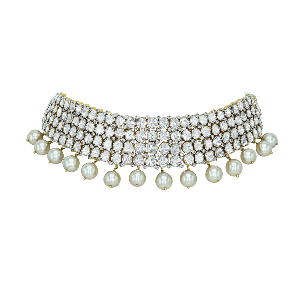 Polki Diamond Choker with Multi-Row Design and Pearl Drops