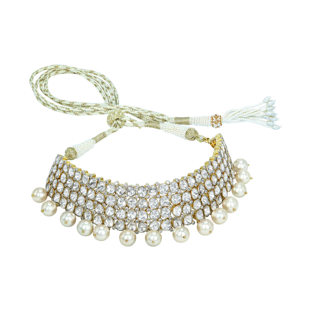 Polki Diamond Choker with Multi-Row Design and Pearl Drops