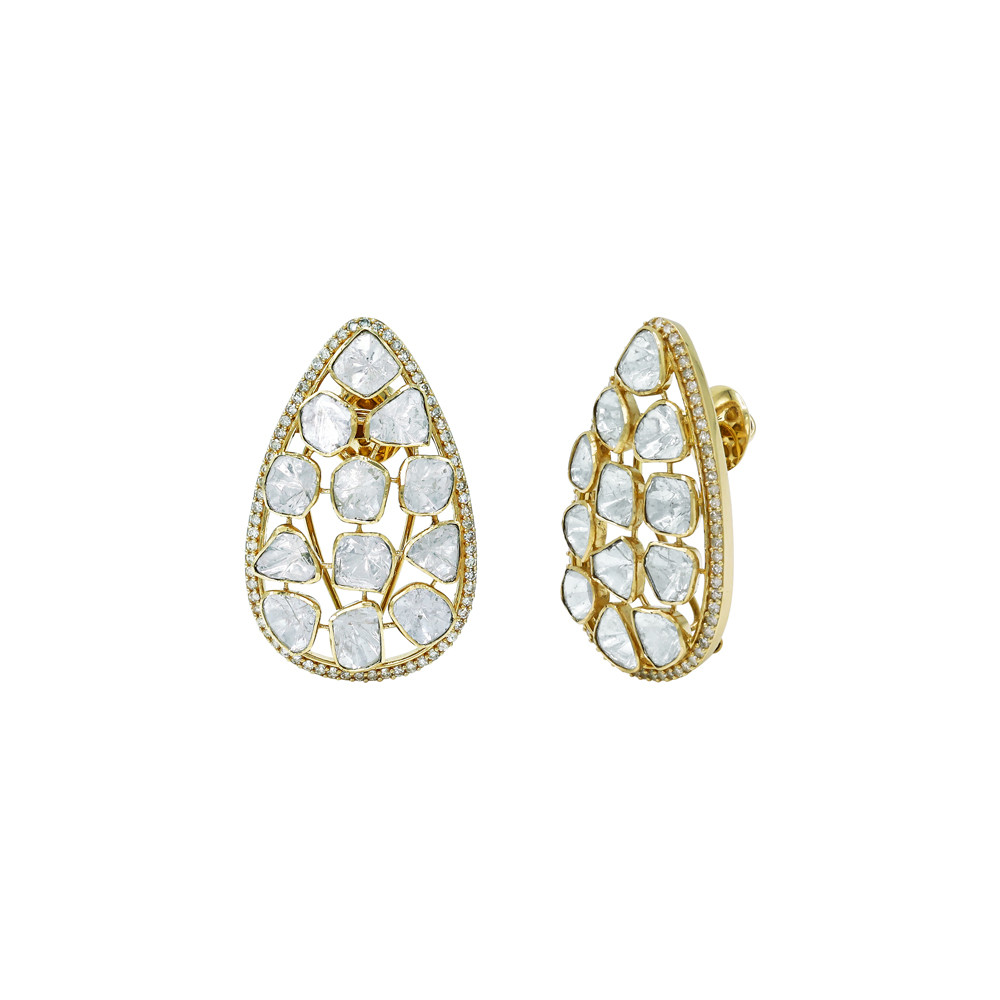 Teardrop Polki Earrings with Lattice Design and Diamond Border