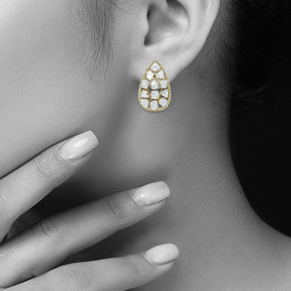 Teardrop Polki Earrings with Lattice Design and Diamond Border