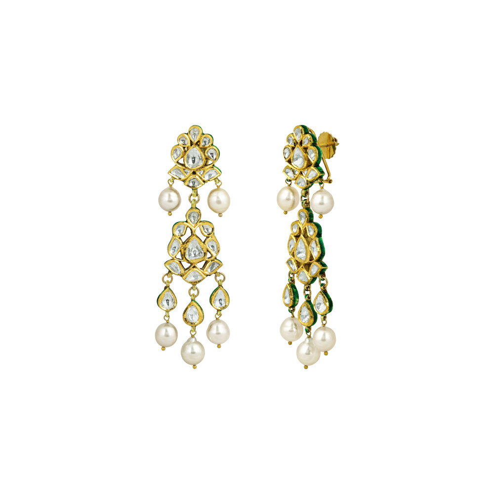 Gold Polki Earrings with Pearls and Cascading Layers