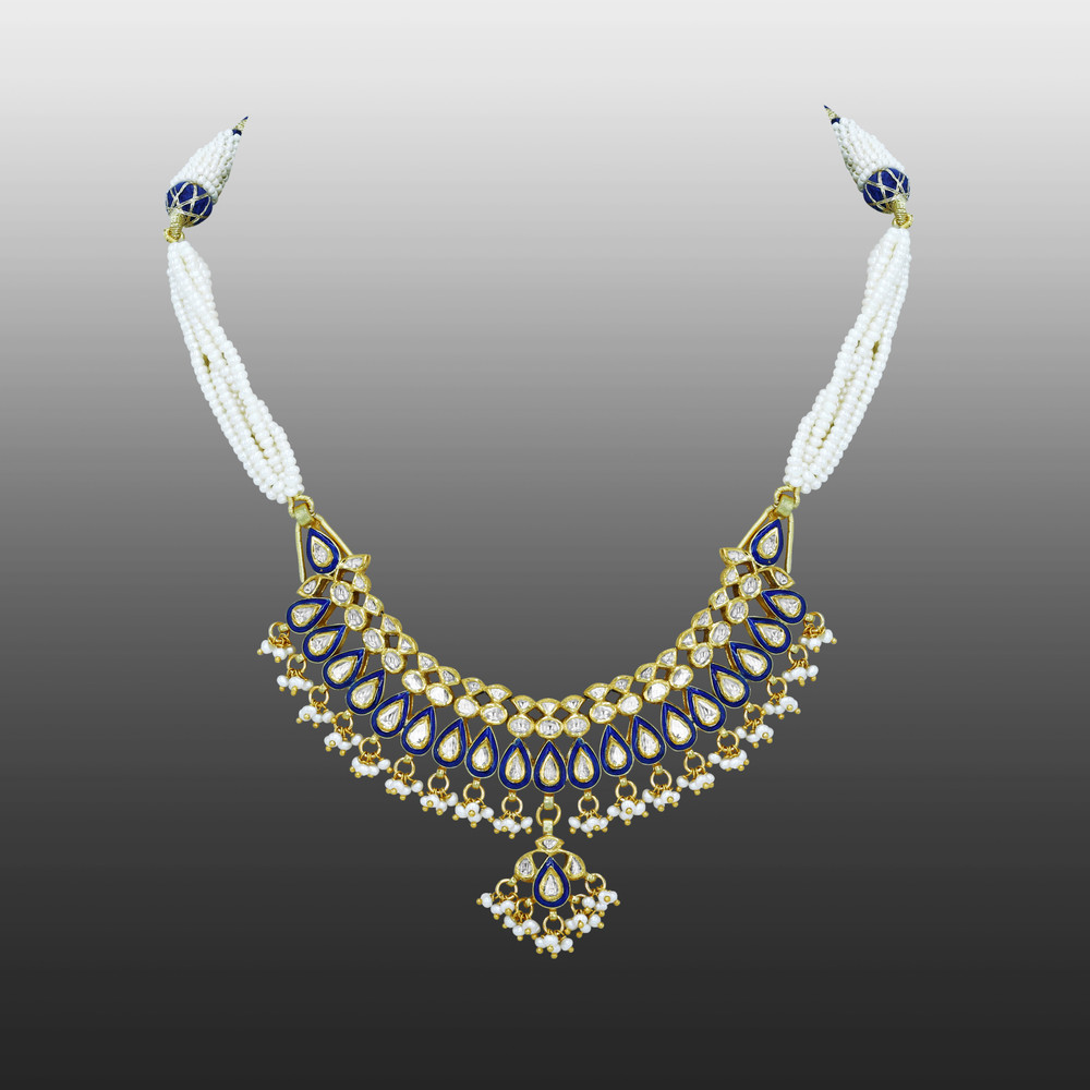 Blue Enamel Teardrop Necklace with Pearls and Fringe Details