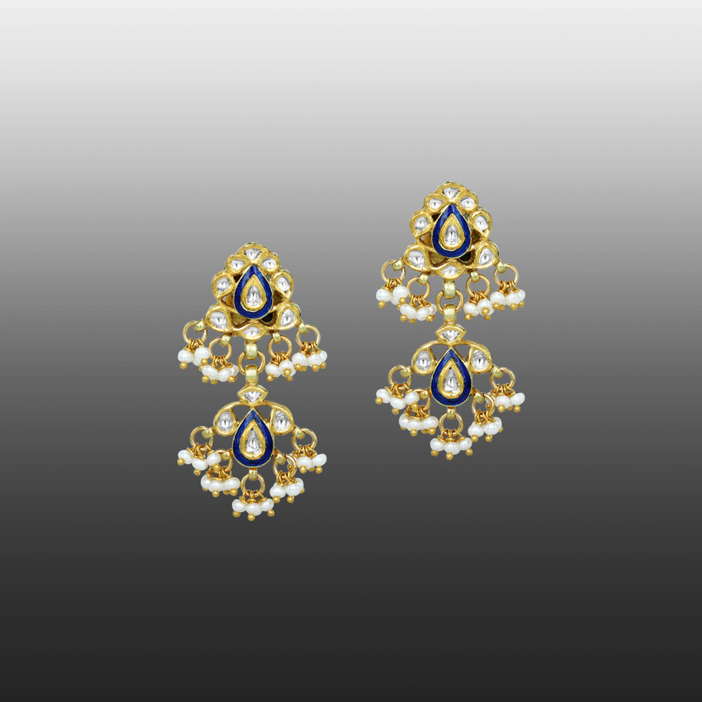 Double-Tier Blue Enamel Earrings with Polki and Pearl Drops