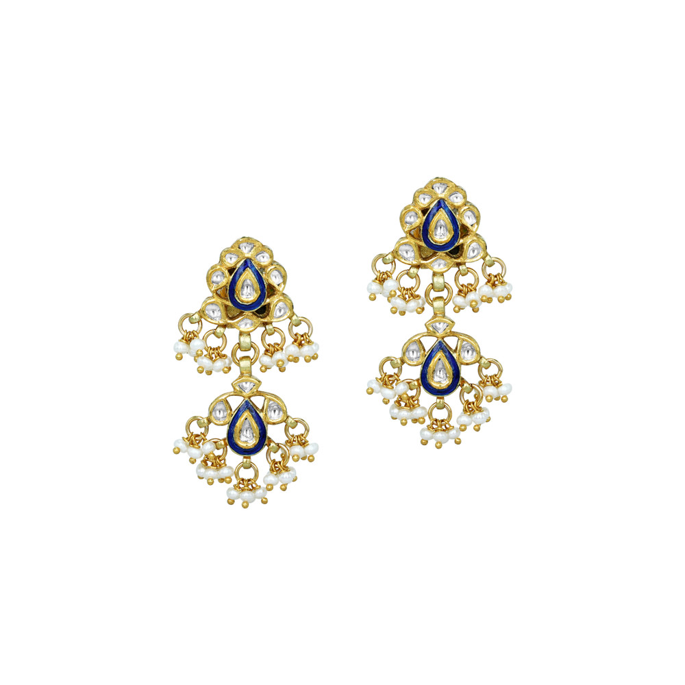 Double-Tier Blue Enamel Earrings with Polki and Pearl Drops