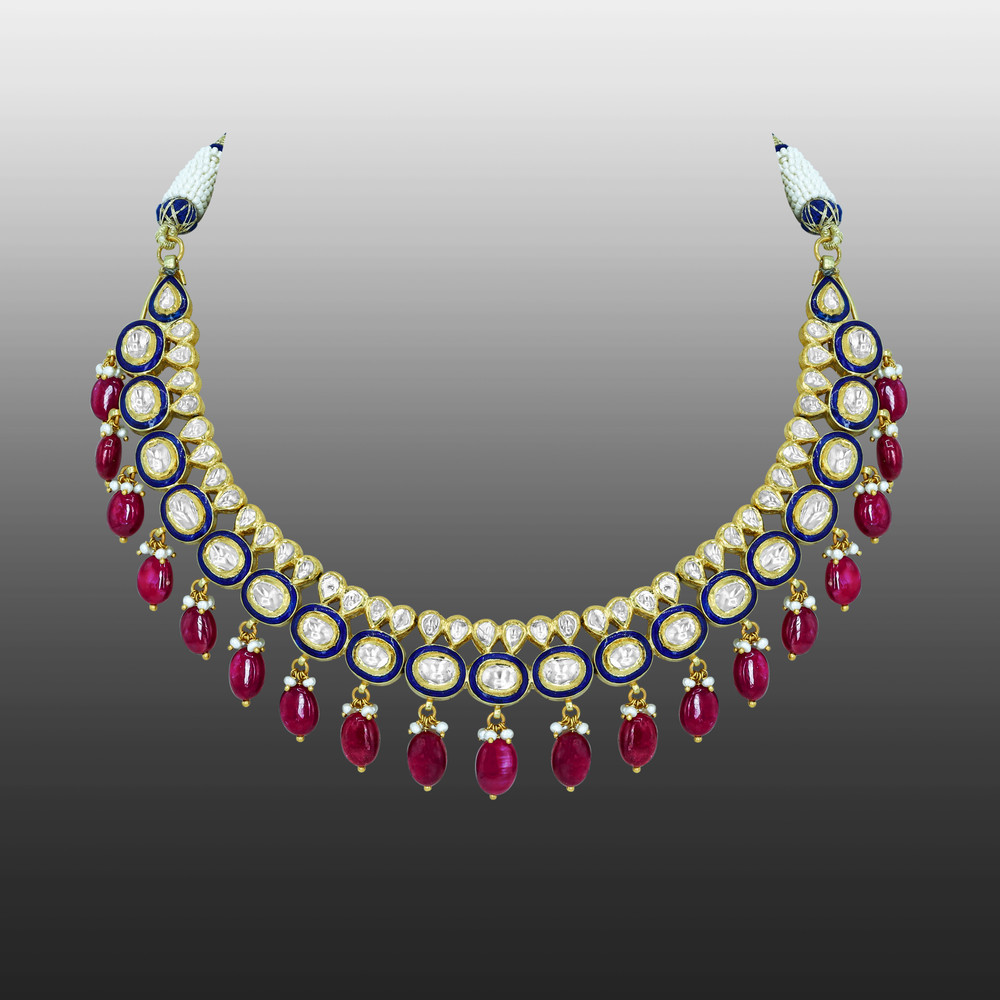 Blue Enamel Necklace with Polki Diamonds, Pearls, and Ruby Drops