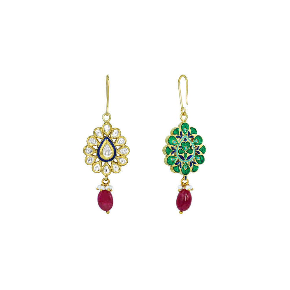 Floral Polki Earrings with Blue Enamel and Ruby Bead Drops