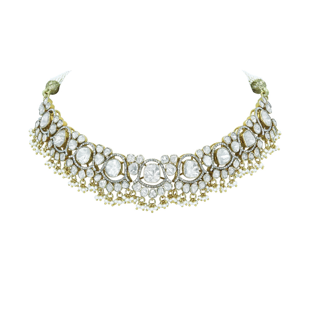 Polki Diamond Necklace with Pearls and Beads
