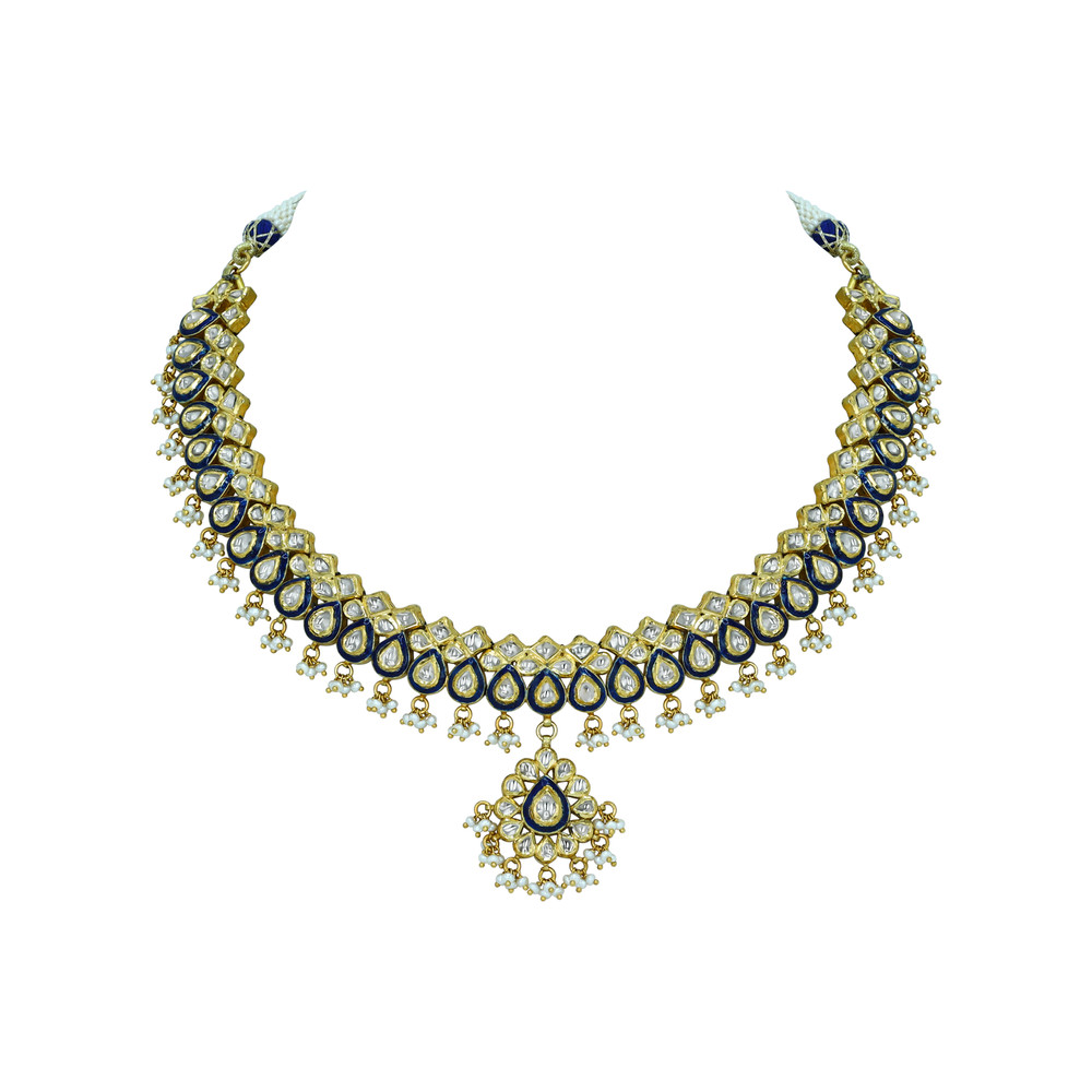 Layered Polki Necklace with Blue Enamel and Pearls