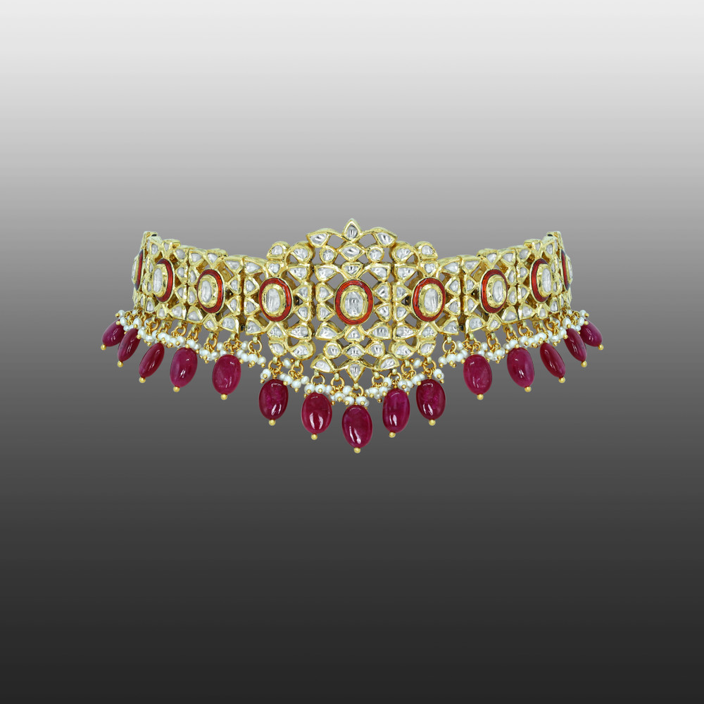 Polki Diamond Choker with Ruby Tumbles and Red Enamel