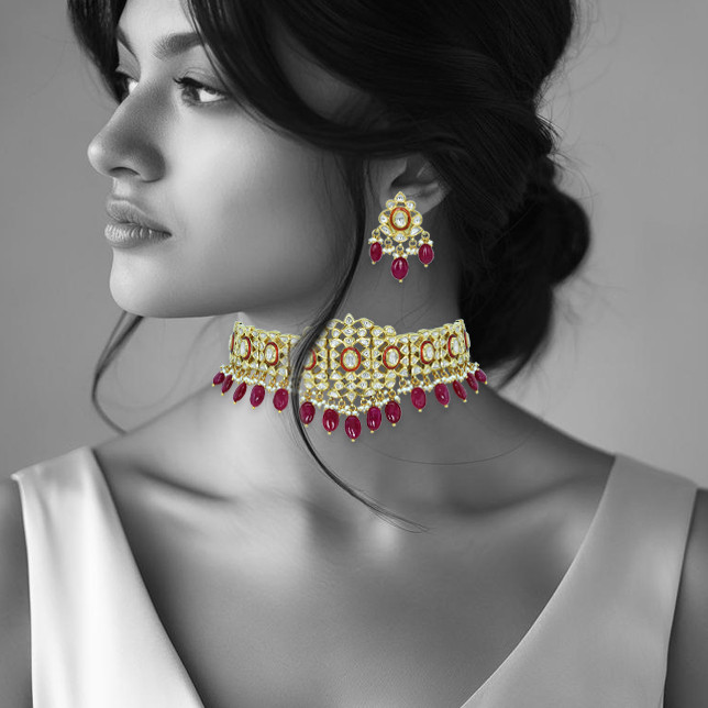 Polki Diamond Choker with Ruby Tumbles and Red Enamel