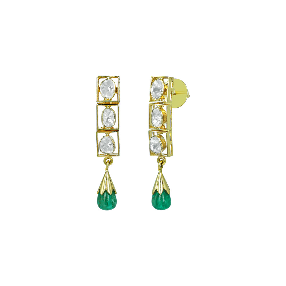 Linear Polki Diamond Earrings with Gold Frame and Emerald Drops