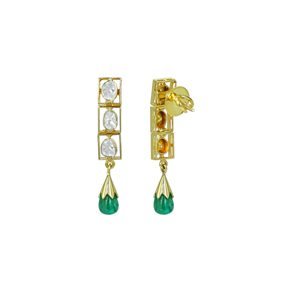 Linear Polki Diamond Earrings with Gold Frame and Emerald Drops