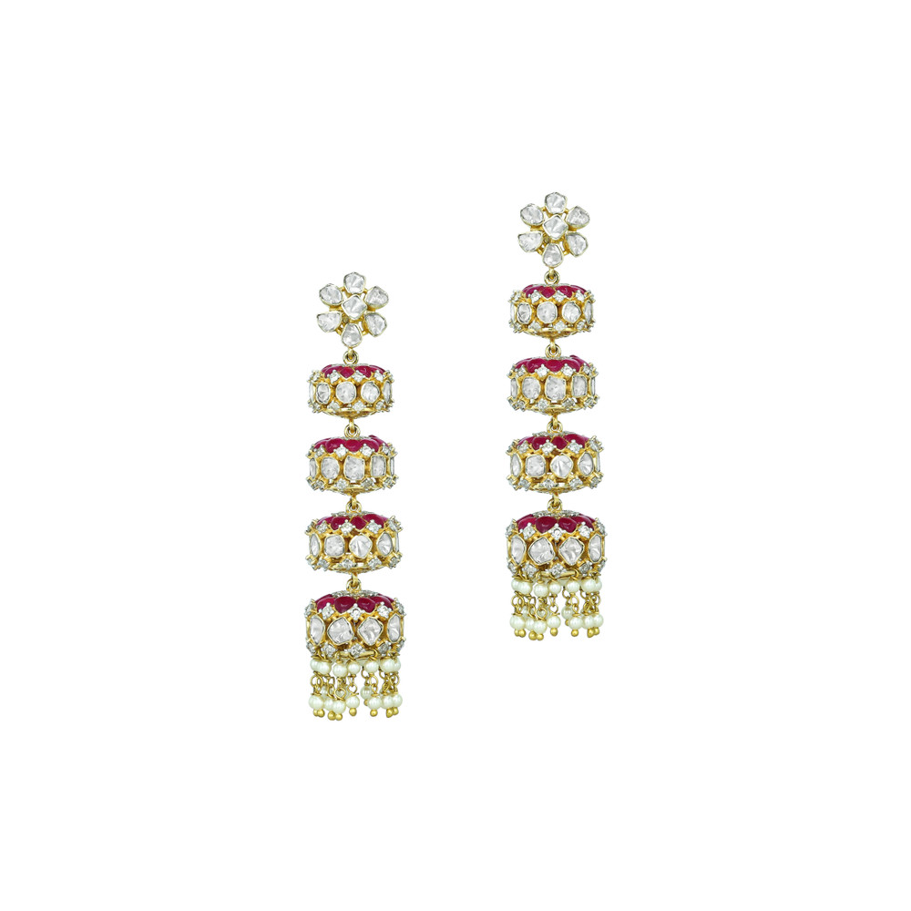 Tiered Polki Earrings with Red Talaf stone and Pearl Drops