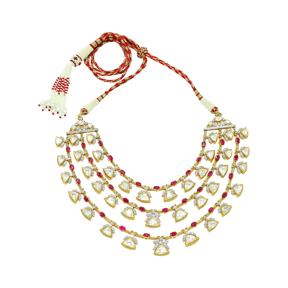 Gold Wire Necklace with Rubies, Polki, and Full-Cut Diamonds