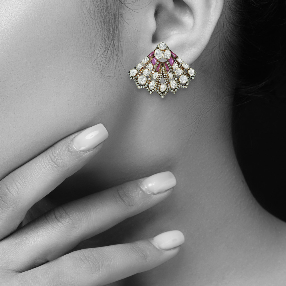 Antique Fan-Shaped Polki Stud Earrings with Pink Talaf