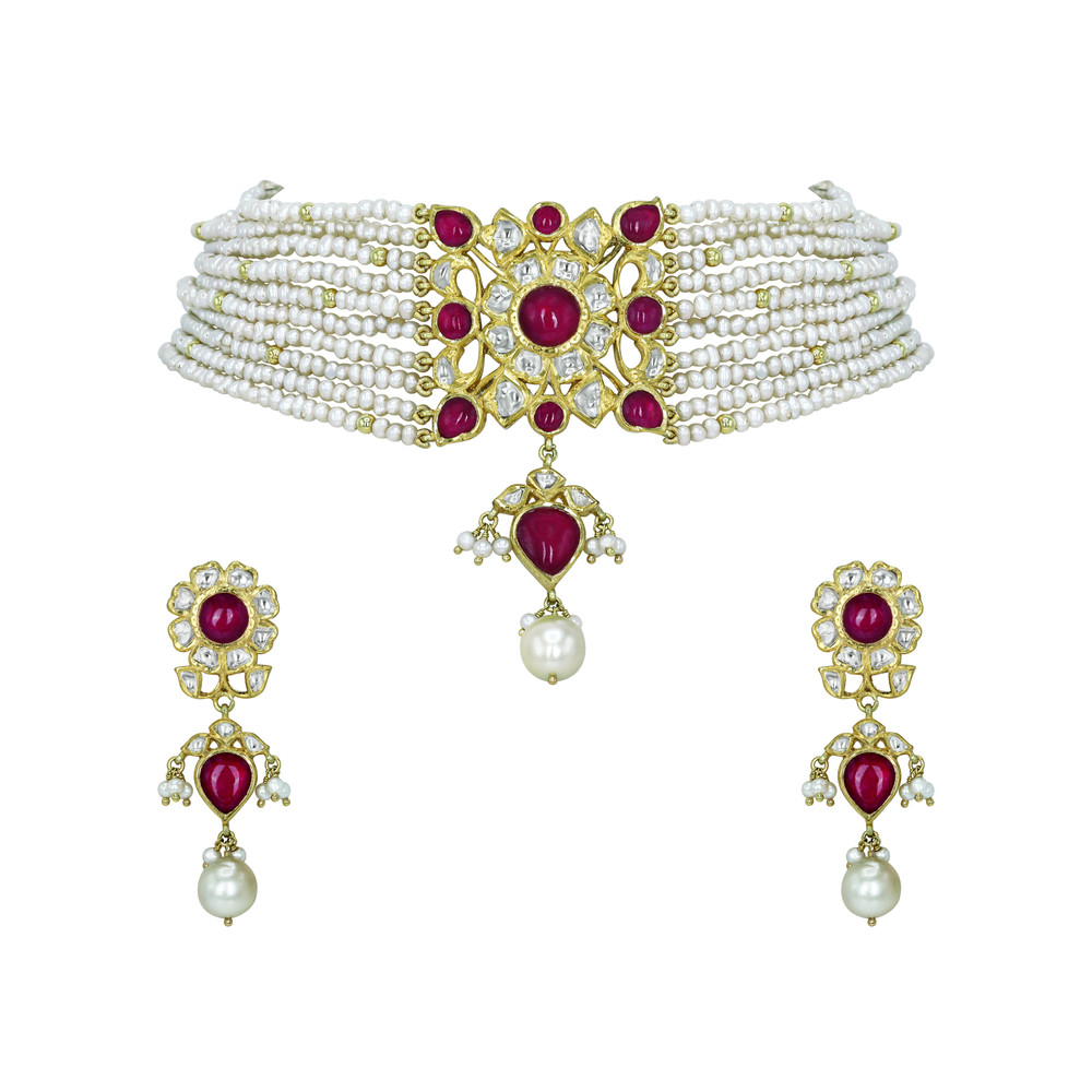 Pearl Strand Choker Set with Ruby, Polki Floral Motif, and Pearl Drop