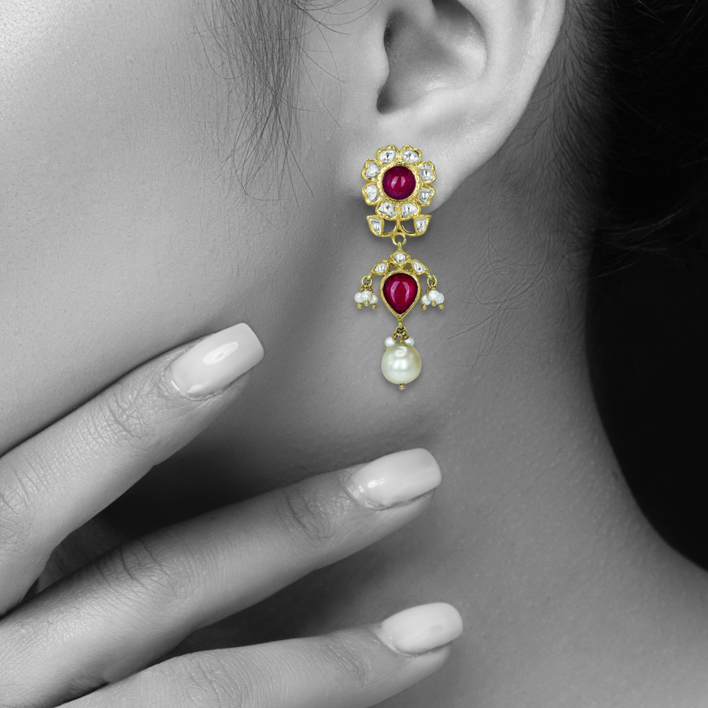Pearl Strand Choker Set with Ruby, Polki Floral Motif, and Pearl Drop