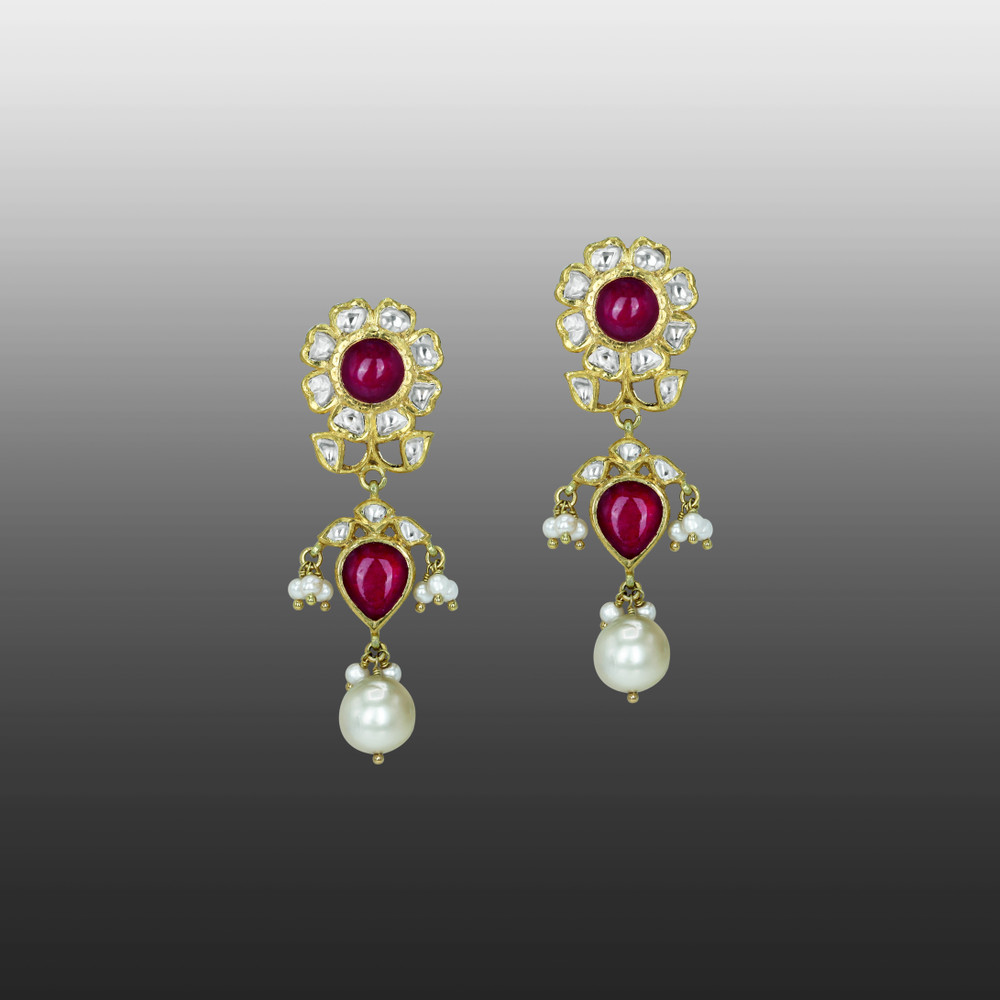 Pearl Strand Choker Set with Ruby, Polki Floral Motif, and Pearl Drop