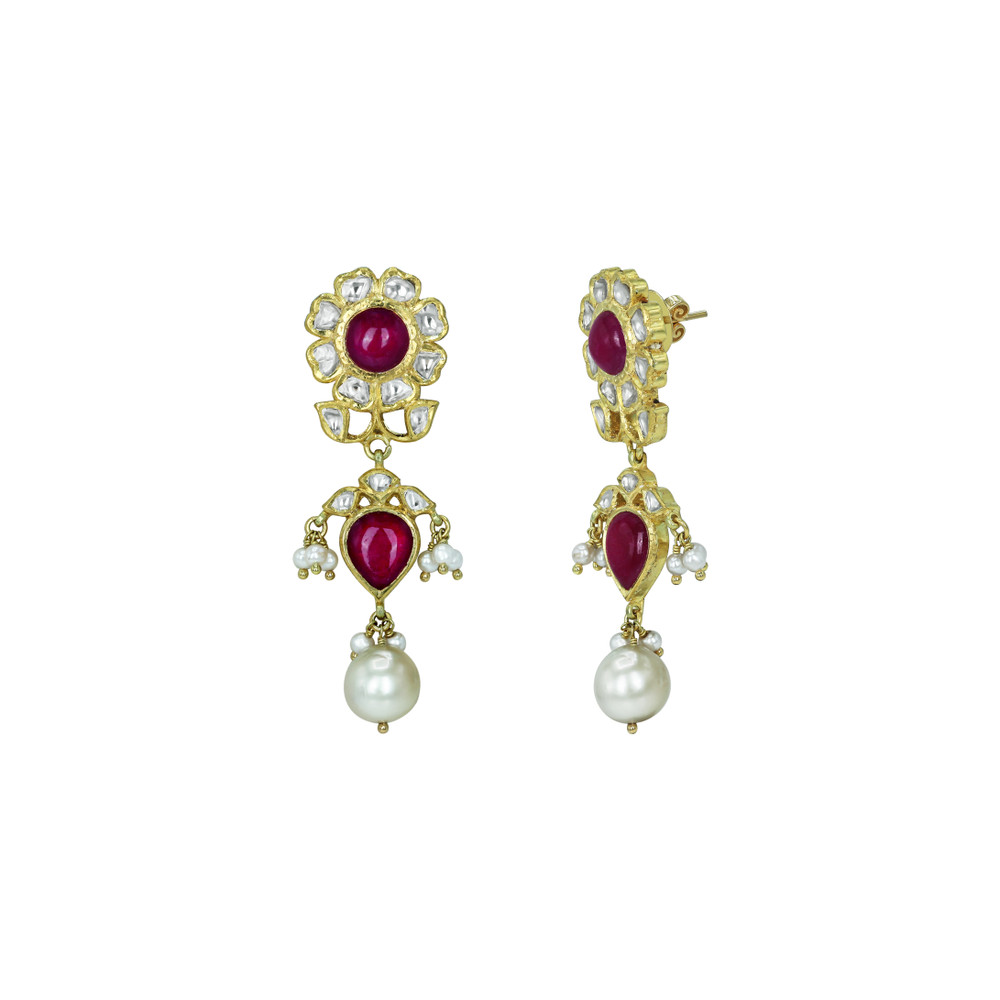 Pearl Strand Choker Set with Ruby, Polki Floral Motif, and Pearl Drop