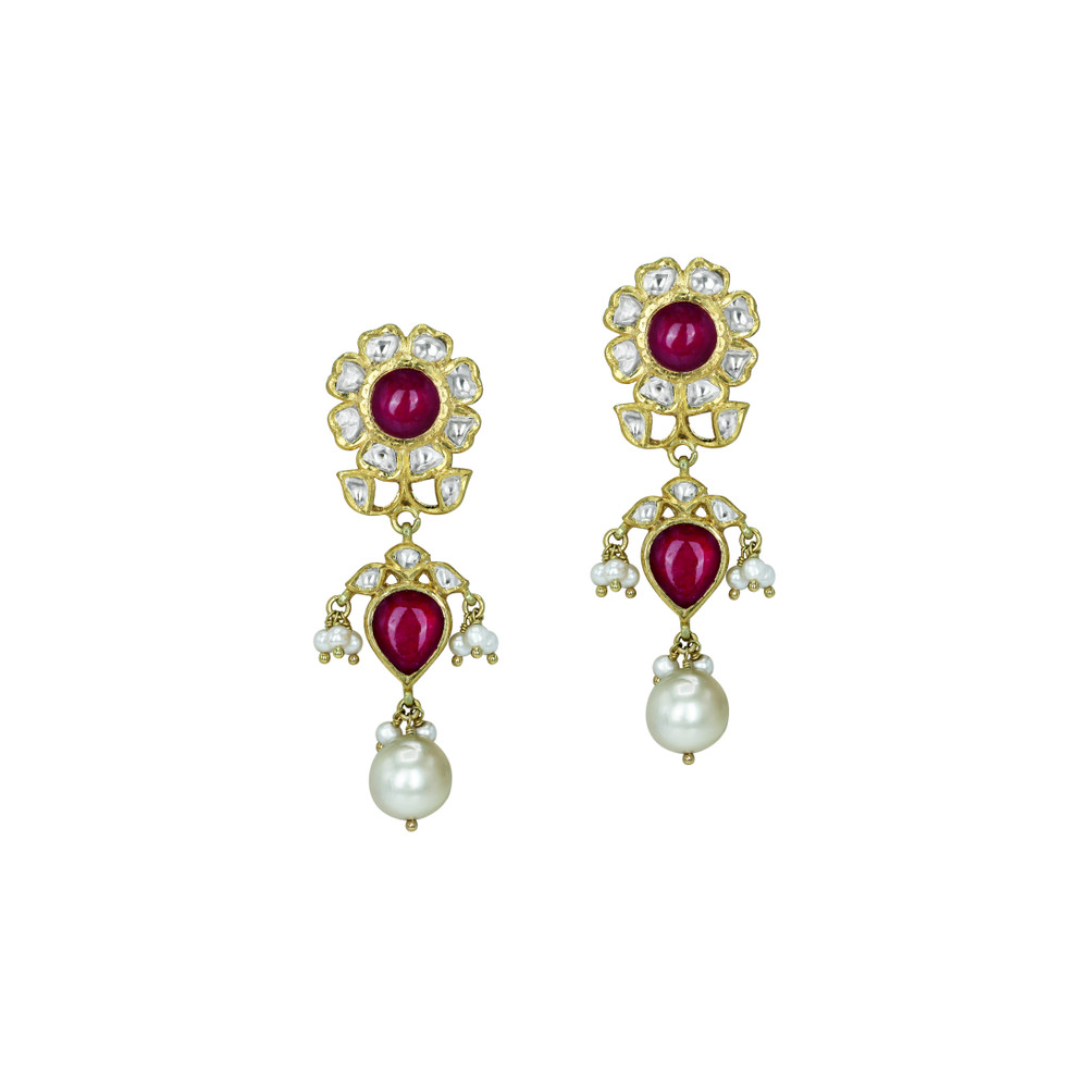 Pearl Strand Choker Set with Ruby, Polki Floral Motif, and Pearl Drop