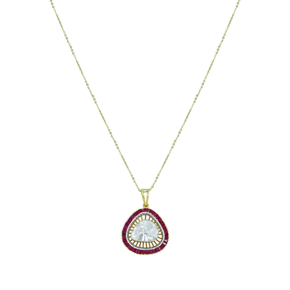 Pear-Shaped Polki Pendant with Red Ruby Baguettes