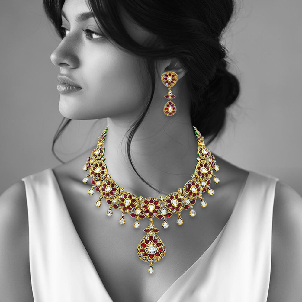 Red Talaf Necklace Set with Polki and Drop Details