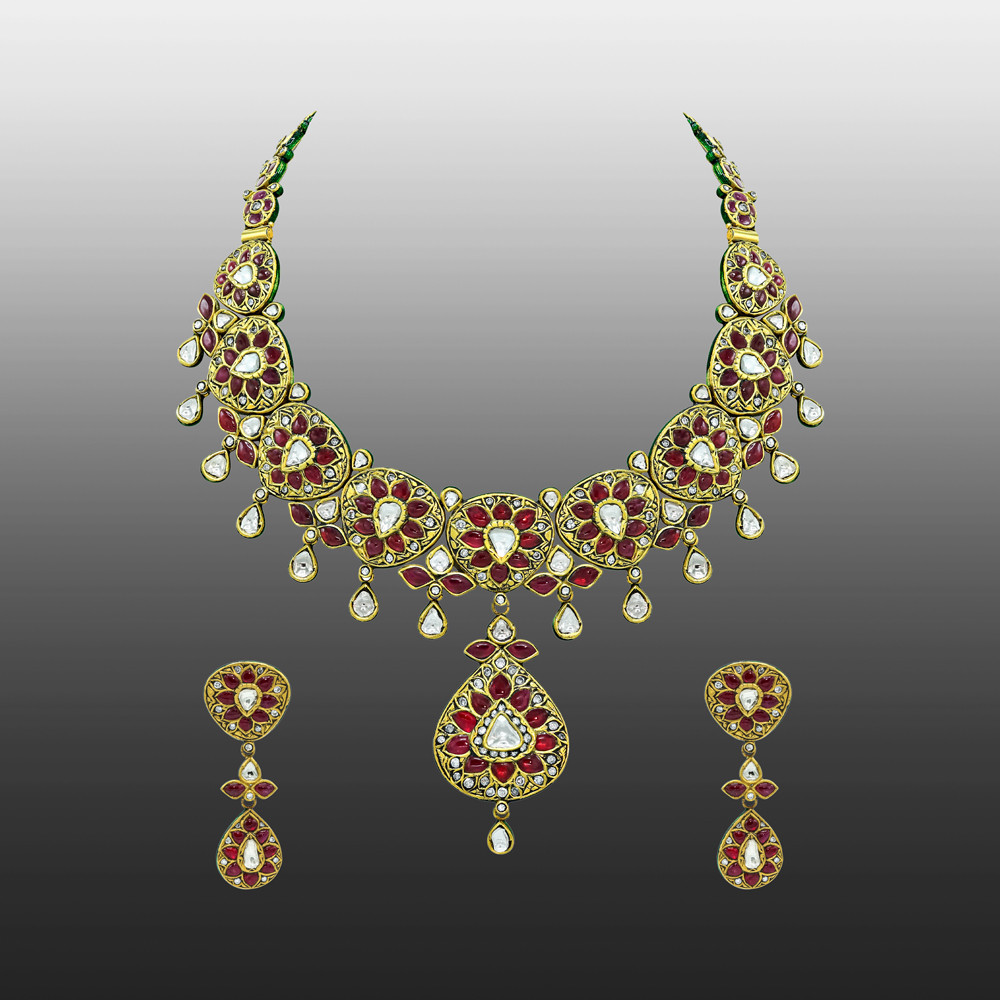 Red Talaf Necklace Set with Polki and Drop Details