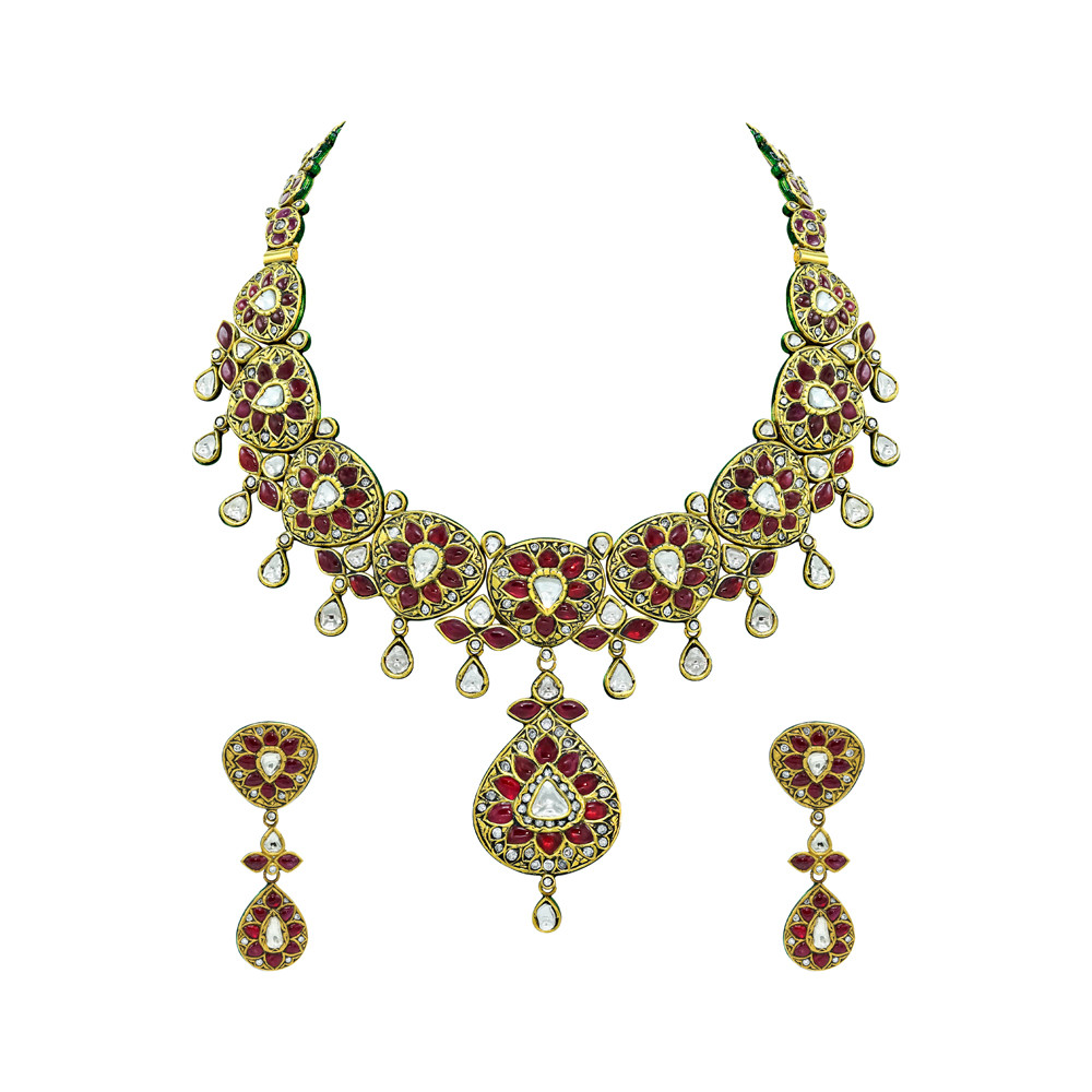 Red Talaf Necklace Set with Polki and Drop Details