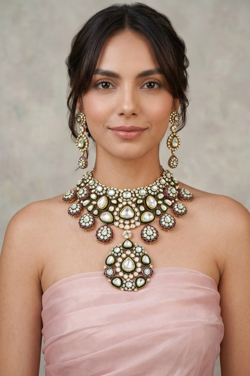 Bridal Polki Choker with Rubies, Green Meena, and Makadi Design Necklace Set