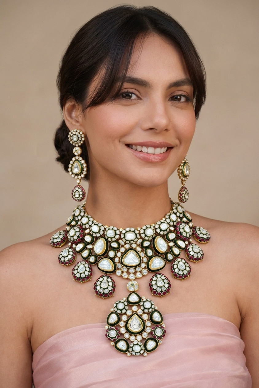 Bridal Polki Choker with Rubies, Green Meena, and Makadi Design Necklace Set