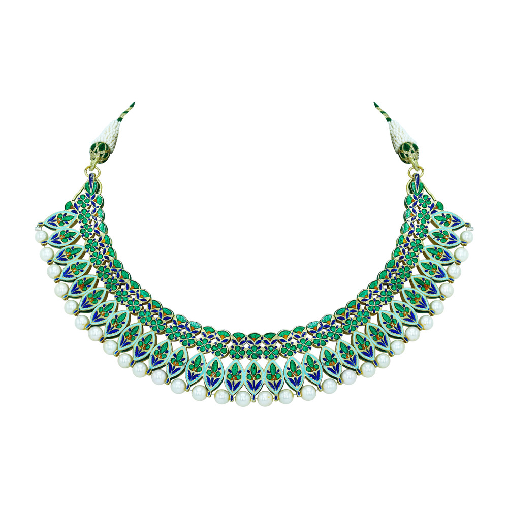 Polki Diamond Necklace with Green Enamel and Pearls