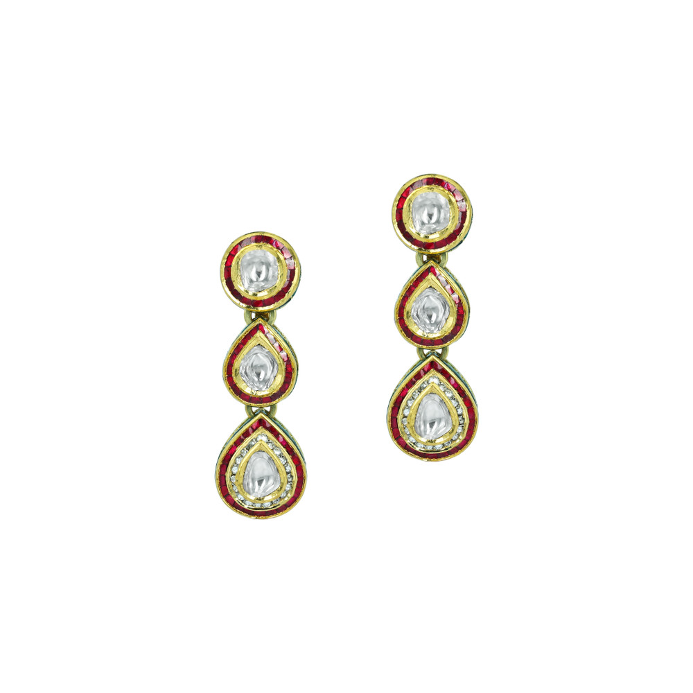 Triple-Tier Polki Earrings with Red Talaf