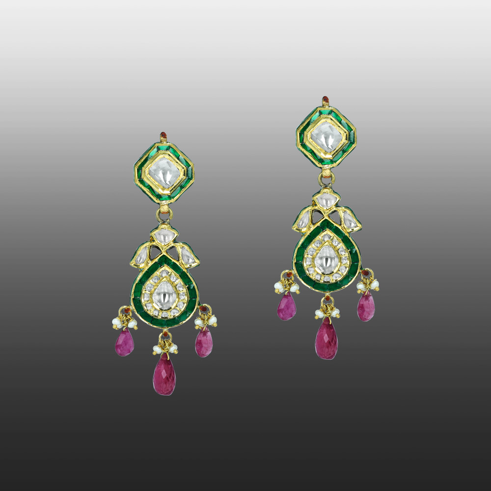Polki Choker Set with Green Enamel, Tourmaline, and Pearls