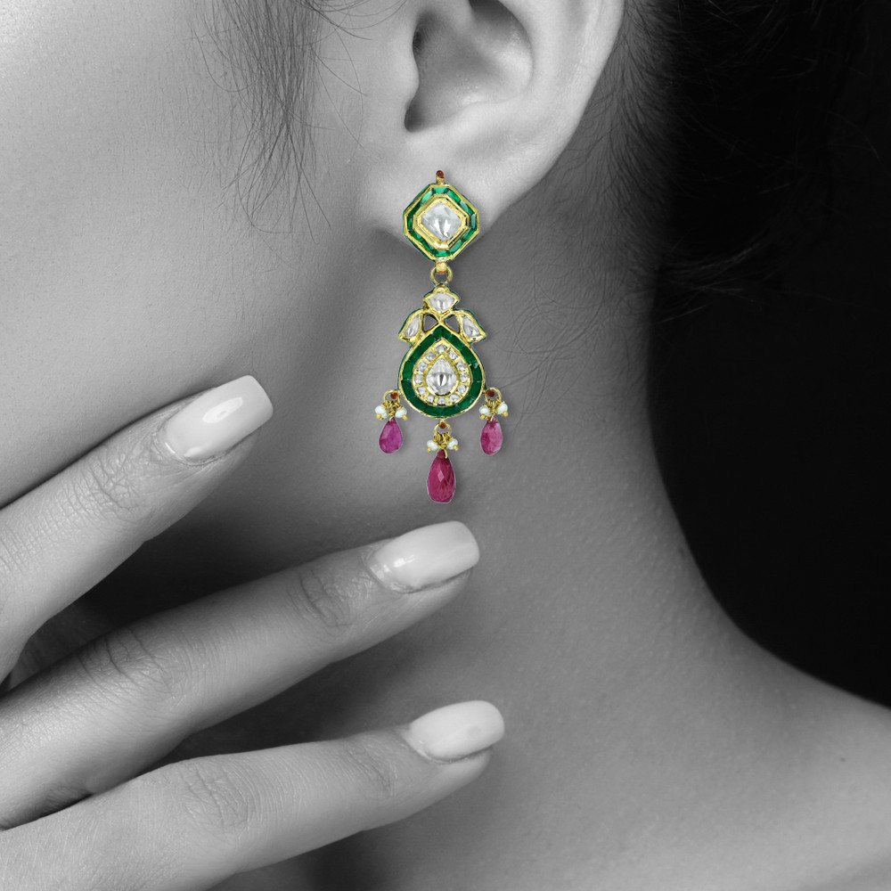 Polki Choker Set with Green Enamel, Tourmaline, and Pearls
