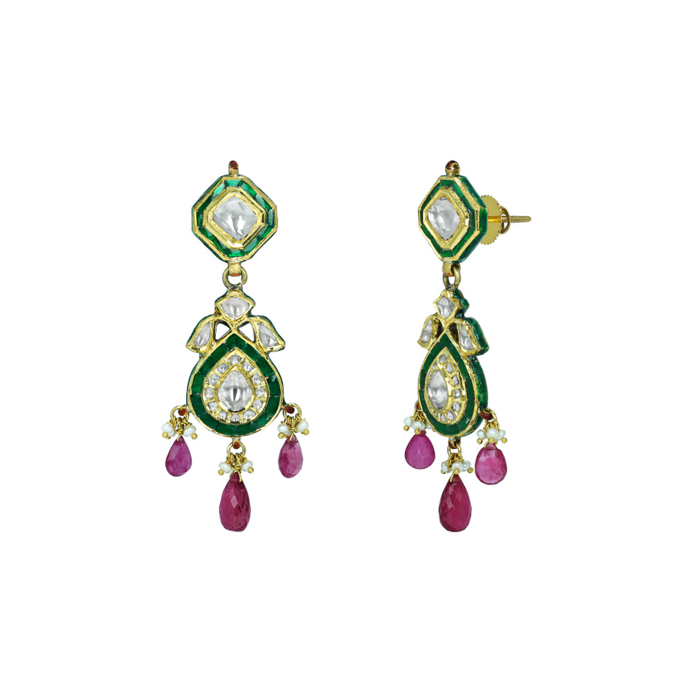 Polki Choker Set with Green Enamel, Tourmaline, and Pearls