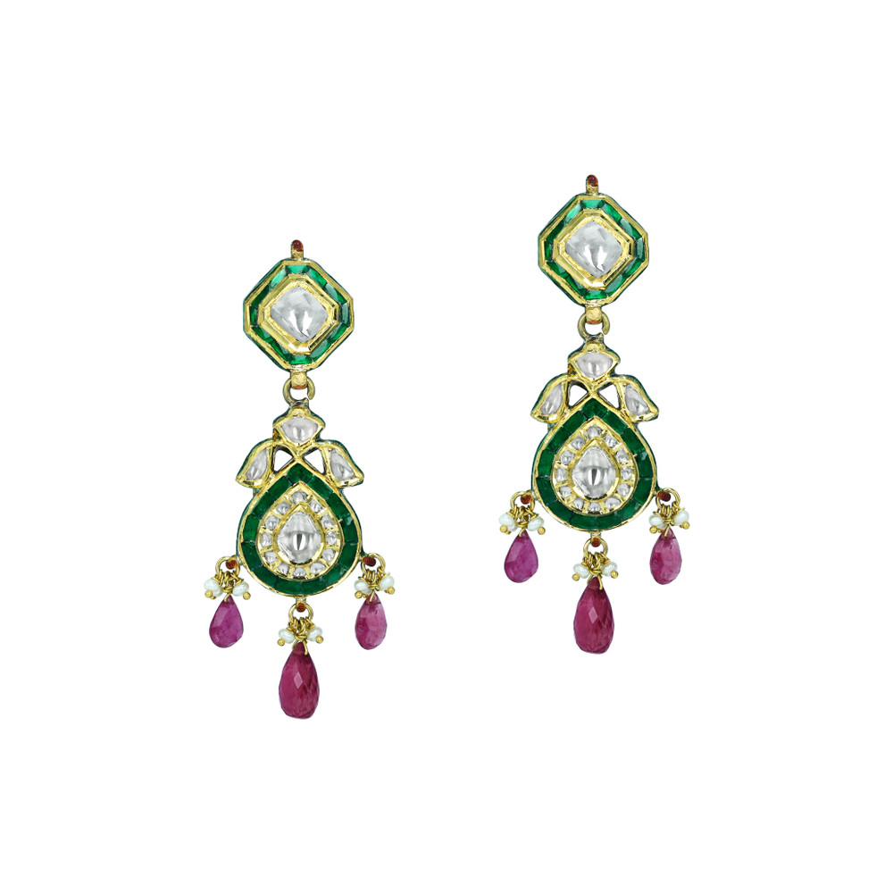 Polki Choker Set with Green Enamel, Tourmaline, and Pearls