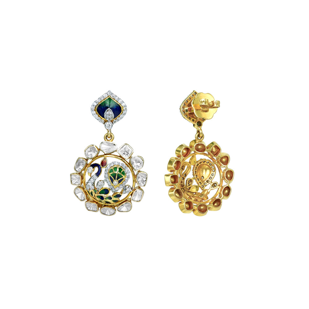 Peacock Motif Earrings with Polki and Enamel