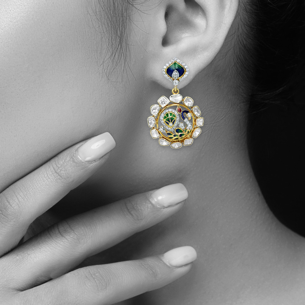 Peacock Motif Earrings with Polki and Enamel