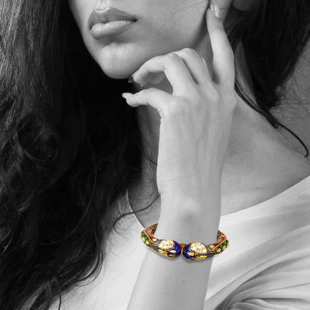  Bangle with Enamel Peacocks and Polki Accents