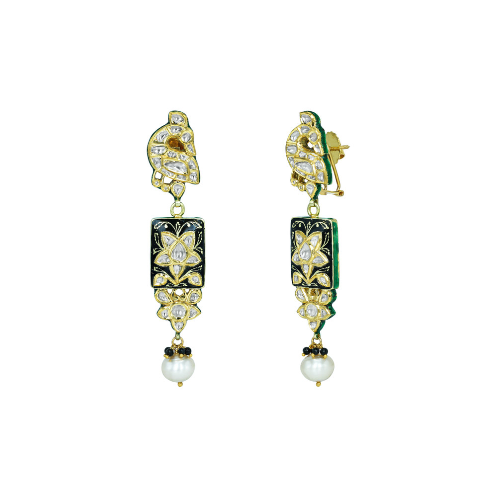 Polki Earrings with Black Enamel and Pearls