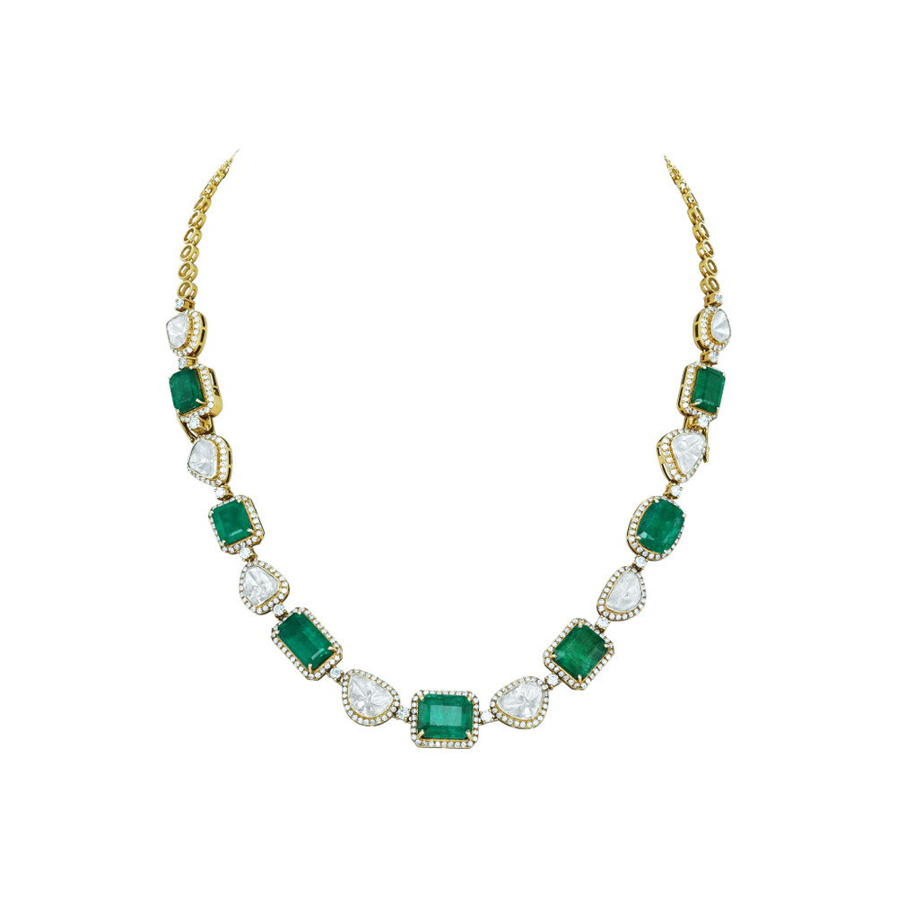 Convertible Polki Emerald Necklace-Bracelet with Diamond Halo