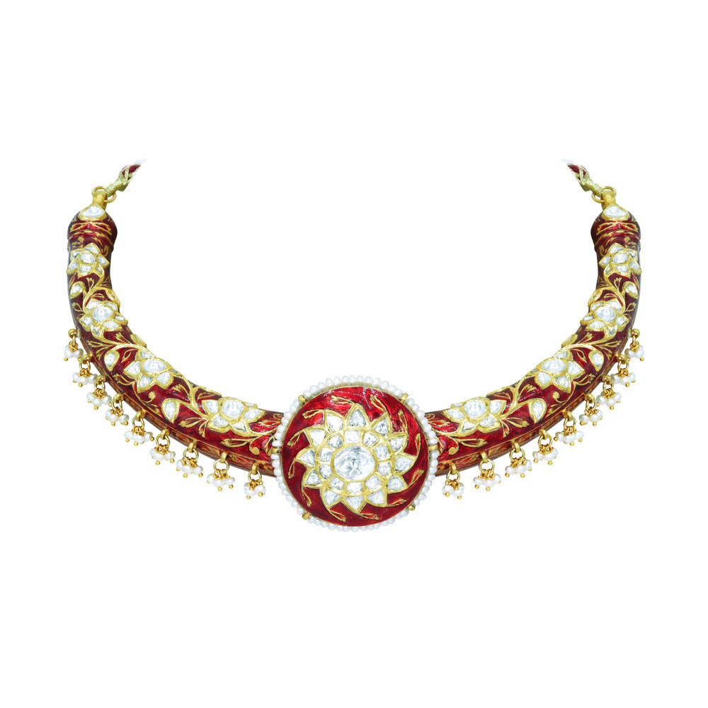 Regal Polki Hasli Necklace with Red Enamel and Pearl Beads